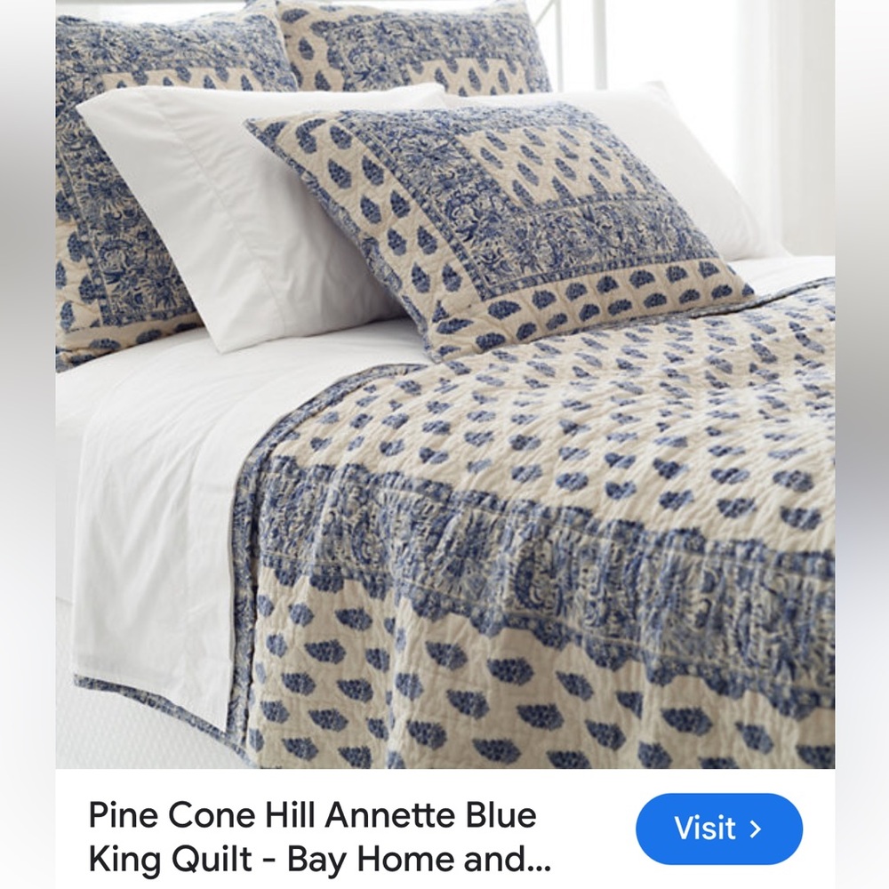 Pine Cone Hill King Sz Annette Bedspread/Quilt Indigo Blue & Cream. Laundered